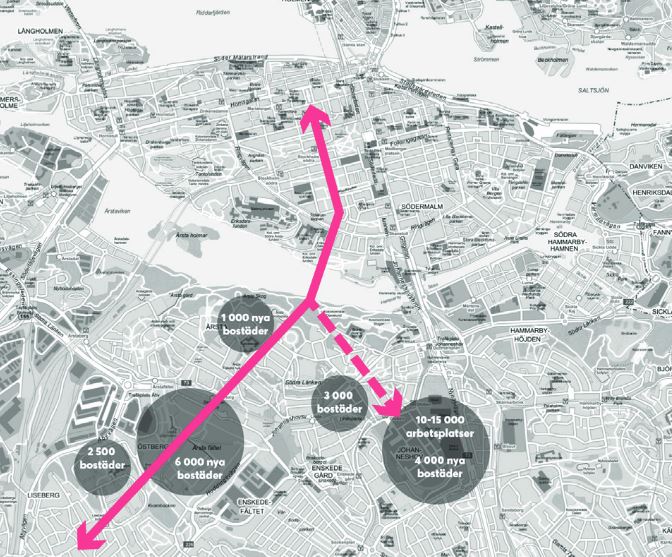 Kartbild som illustrerar tänkt cykelstambana i Stockholm