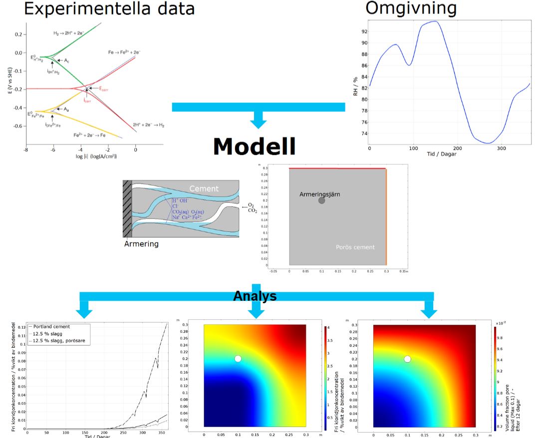 Illustration av hur data kombineras i en modell och analyseras, resultatet är grafer i olika färger