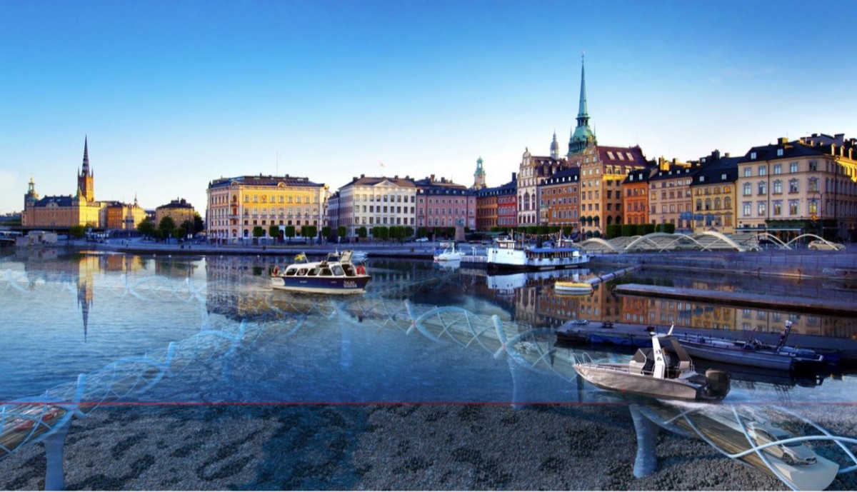 Stockholmsvy med havet framför gamla staden, där nätverk syns under vattenytan.